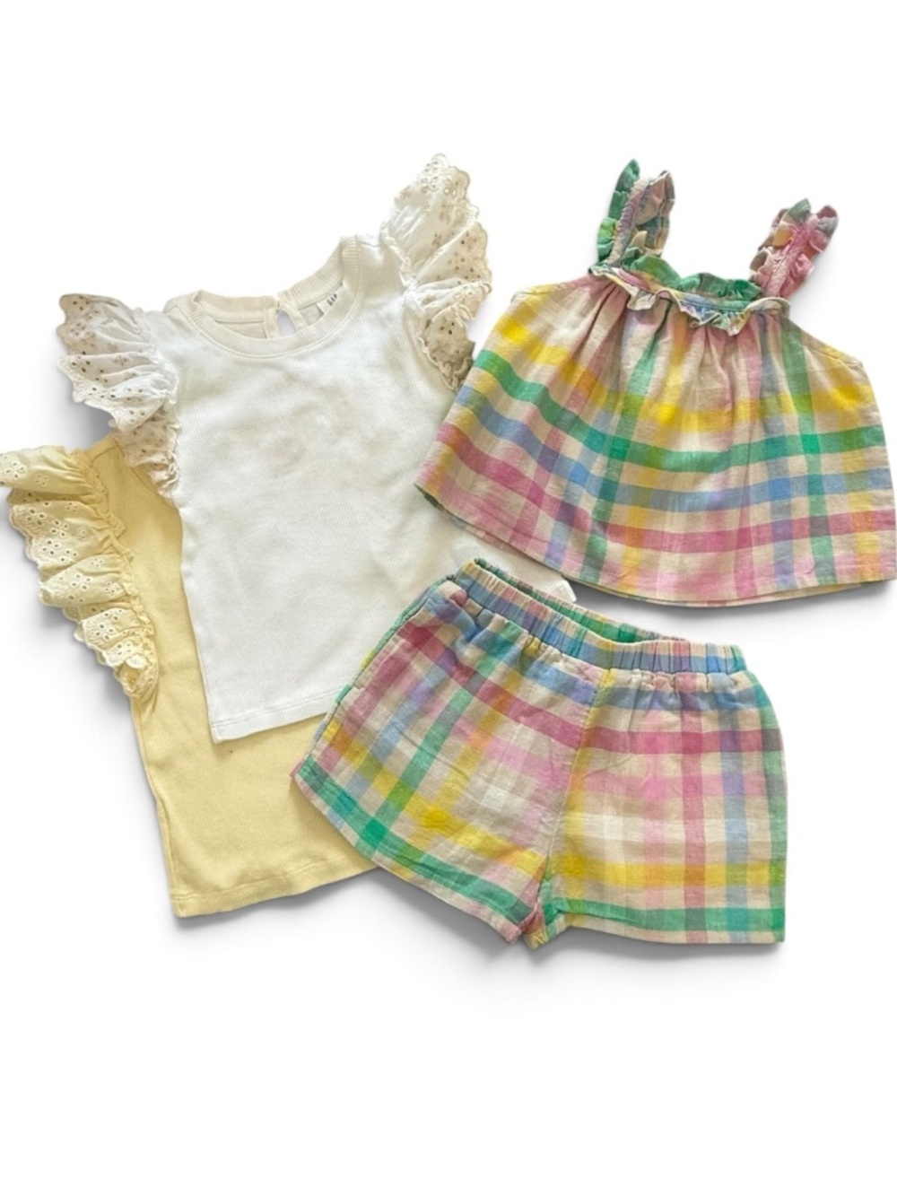 GAP Linen Blend Plaid Shorts & Top NWOT Yellow Ruffle Tee 3T Girls